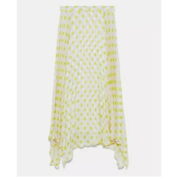 Zara Satin Yellow Polka Dot Pleated Midi Skirt - Picture 2 of 8